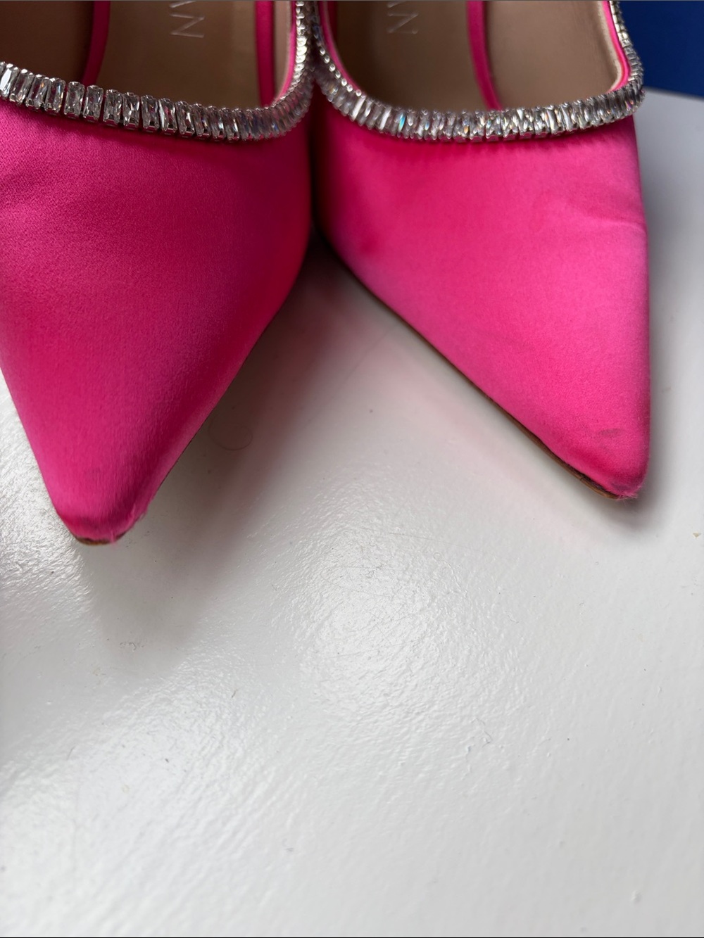 Stuart Weitzman Magenta Curve Satin Crystal-Trim Pointed-Toe Heels - Picture 7 of 13